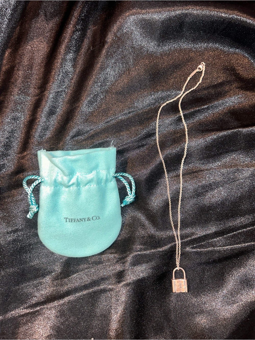 Tiffany & Co. Blue Drawstring Pouch with Silver Padlock Necklace